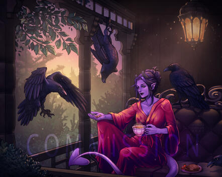 Rendered illustration (1 char + complex background)