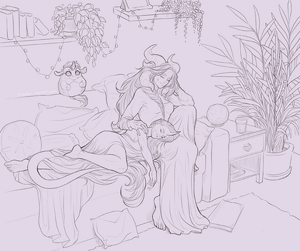 Lineart Illustration (2 chars + complex background)